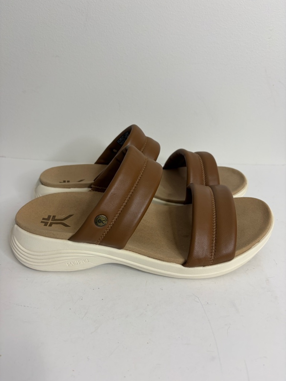 Kuru Sandals Womens 12 Brown Leather Coda Mesa Two Strap Slide Wedge Comfy